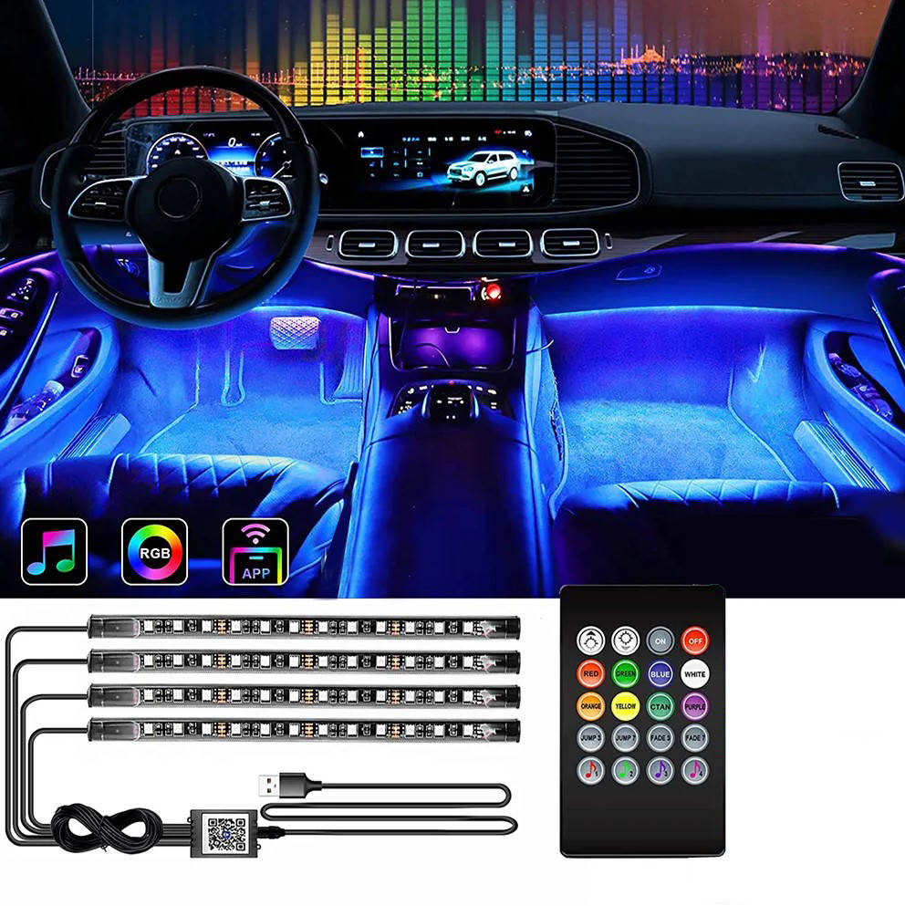 RGB-LED Innenbeleuchtung Auto, Ambientebeleuchtung Auto Atmosphäre Licht  mit APP, Wasserdicht, Strip mit Zigarettenanzünder, 4x LED-Streifen 12  LEDs 5050 22cm, IR-Fernbedienung, Musikmodi